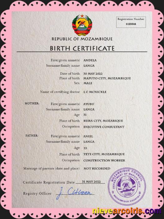 Mozambique birth certificate